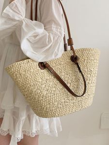 Large Capacity Straw Woven Tote Bag Womens Commuter Beach Travel Vacation Sand Beach Bag Soft Handle Korean Style Youth