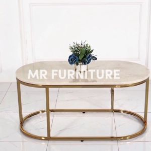 Meja Tamu Oval Top Marmer Krem Kaki Stainless Gold
