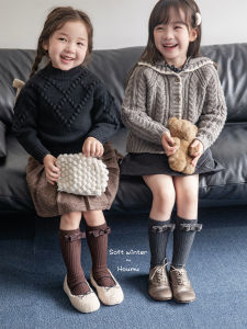 ถุงเท้าผู้หญิงฤดูใบไม้ร่วงฤดูหนาวผ้าขนสัตว์หนาถุงเท้าถักยาวผูกโบว์ผีเสื้อสำหรับเด็กผู้หญิงถุงเท้าผ้าขนสัตว์หนาสำหรับเด็กผู้หญิง