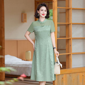 2024 New Arrival Mom Summer Clothes Elegant Chiffon Cheongsam Dress 40-Year-Old 50 Middle-Aged and Elderly Women Short Sleeve Waist-Slimming Dress