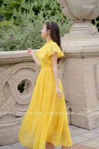 [Đầm Thiết Kế] Đầm Maxi Voan LyLyShop 2 Lớp Cổ Cao Đính Kèm Tay Bèo Thời Trang