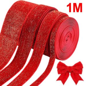 1M/Roll Red Glitter Velvet Ribbon DIY Holiday Gift Box Packing Supplies Wedding New Year Christmas Decoration
