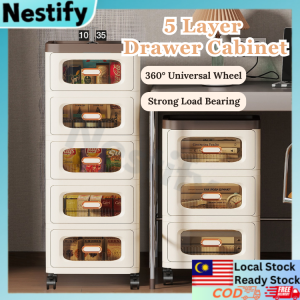 5 Layer Storage Drawer Cabinet with 360° Silent Wheels Minimalist Handle Transparent Organizer Almari Baju 抽屉收纳柜