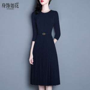 Elegant A-Line Midi Dress in Royal Blue with Pleated Long Sleeve Design for Spring Autumn Season Ladylike Style Commute Wear