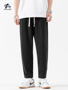 Loose Knitted Sporty Sweatpants for Men Spring Autumn Straight Leg Casual Black Nine Point Pants Comfortable Breathable Cotton Polyester Blend