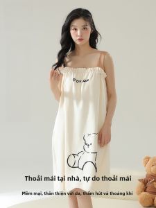 MiiOW | Váy ngủ cotton mỏng mùa hè cho nữ Váy dây họa tiết gấu dễ thương Quần áo mặc nhà phong cách đơn giản Mẫu mới 2025