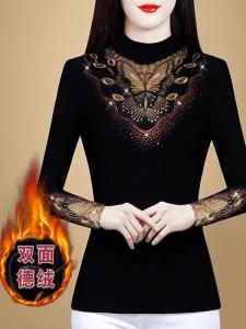 เสื้อเชิ้ตแขนยาวผู้หญิงฤดูหนาวปี 2024 แฟชั่นปักคริสตัลเดอร์รูม อบอุ่น เสื้อชั้นใน เสื้อเชิ้ตทรงสลิมฟิต กระดุมคอกลม