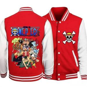 Bandai | One Piece Crew Dynamic Action Baseball Jacket with Multi Character Battle Poses Back Print and Yellow Hat Skull Chest Logo