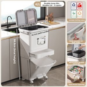 QIANQIN | Foot Pedal Dual-compartment Trash Can for Kitchen with Large Capacity