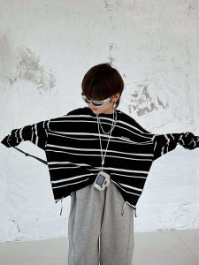 Tea Mom Boys Long Sleeve T-Shirt Striped Base Layer Shirt Trendy Hole Design Cotton Polyester Spring Autumn New Arrival for Kids