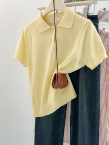 High Quality Retro Yellow Polo Neck Ice Silk Knitted Short Sleeve T-Shirt Women Summer Versatile Top Korean Style Straight Cut