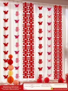 ETY | Wedding Room Decoration Curtain Set with Long Red Double Happiness Characters and Butterfly Decorations