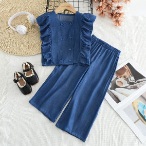 Gấu lãnh đạo terno cô gái quần áo mùa hè trẻ em đồng bằng cúc trang trí Ruffle denim giả phù hợp với phiên bản Hàn Quốc màu trơn không tay T-Shirt Top + quần hai bộ chi tiết trẻ em giản dị của quần áo mặc 3-7 năm