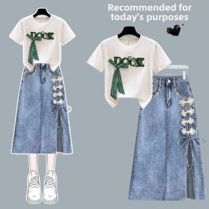 Trendy Stylish Age-defying Slimming T-shirt and Denim Skirt Set