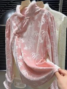Unique Velvet Womens Shirt Pink Chinoiserie Style Fashionable Age-defying Elegant Design Spring Collection Long Sleeve T-shirt