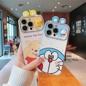 MrHaHa Casing For iphone 15 promax 15pro 15plus 16 14 13 12 11 7 6 X Xs Xr Pro Max Cartoon Cute 3D Winnie The Pooh Doraemon Advanced Electroplated Large Window Lens Phone Case Lens Protective Silicone Shockproof Soft Back Cover