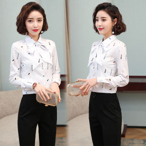 เสื้อเชิ้ตผู้หญิงแขนยาวลายดอกไม้สไตล์เกาหลี ทรงสลิมฟิต ผ้าชีฟอง พิมพ์ลาย ทรงเข้ารูป ทรงปกติ คอโปโล กระดุมหลายตัว