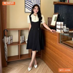 Đầm thiết kế BEMINE cổ sơ mi phối tơ giả yếm phù hợp đi làm-MT11096