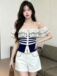 GUZILIAN | Ruffled Off-Shoulder Striped Fitted Short Sleeve T-Shirt