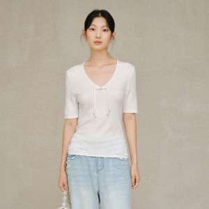 Yigue | Tencel New Chinese Style V-Neck Short Sleeve Top