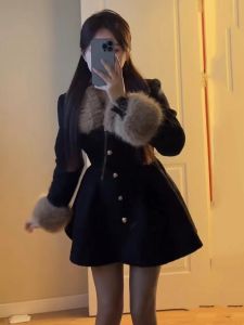 Qianjin Classic Style Detachable Fur Collar Tight Waist Suit Woolen Coat Female Mid Length Long Length Winter Small Man Slim-Fit Woolen Coat