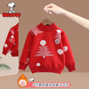 Snoopy Girls Fleece Lined Knitted Sweater Christmas Tree Pattern Warm Long Sleeve Overhead Cartoon Design Baby Winter Clothes