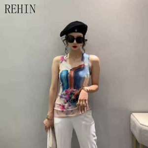 REHIN Womens T-shirt Sleeveless Knit Vest with Breathable Skin-Friendly Fabric and Unique Print Pattern Slim fit S-3XL PLUS size for Summer Fashion Tops