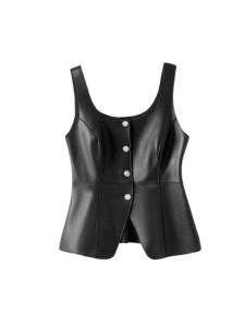 XMO | Tailored Waist-Cropped Sleeveless Leather Vest Women Black Sheepskin