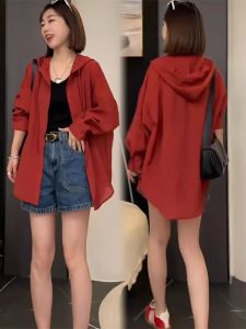 Womens Casual Thin Long Sleeve Hat Sun Protection Shirt Outerwear Summer Design Loose Air Conditioned Top Pure Color