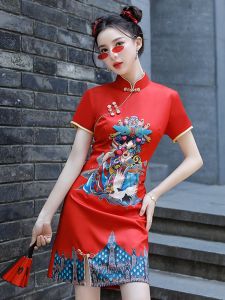 Váy Ngắn Phong Cách Trung Hoa Đỏ in Họa Tiết Cho Bé Gái Váy Nữ Thanh Lịch Cải Tiến Váy Biểu Diễn Nghệ Thuật Váy Ngắn Mùa Hè