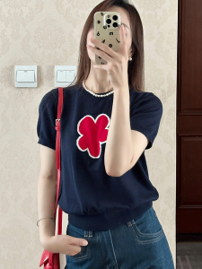 เสื้อยืดแขนสั้นผ้าไหมน้ำแข็งสีน้ำเงินเข้มปักดอกไม้คอตั้งแขนยาวปกติสำหรับผู้หญิงในฤดูร้อน เสื้อสเวตเตอร์ถักแบบบาง