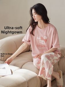 miiow | Pure Cotton Summer Sleepwear Short Sleeve Thin Model With Chest Pad Seven Pants Outdoor Wearable Home Clothes For Young Women