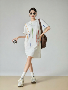 XIAODADEHUA | Embroidered Color Stripe Short Sleeve T-shirt Dress