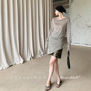 เสื้อยืดคอกลมแขนยาวทรงเข้ารูป DONGNIWOW13 สำหรับผู้หญิง ทรงหลวมสบายๆ ทรงเข้ารูป เอวสูง กระดุมเดียว