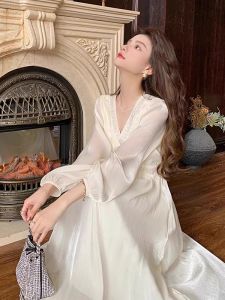 Elegant French Style Long Sleeve Dress Womens Spring Autumn New Slimming Temperament Gown Pure Desire A-Line Skirt