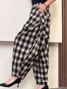 กางเกงลายสก็อตทรงหลวมสบาย ๆ สำหรับผู้หญิง ฤดูใบไม้ร่วง 2025 กางเกงขายาวทรงสลิมฟิตเอวยางยืด สไตล์แม่แบบฮาราจูกุ