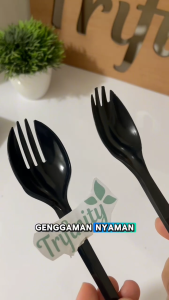 Spork Higienis Halal Tebal Kuat Bening / Putih / Hitam Pack Bungkus Plastik Steril 2in1 Trifinity