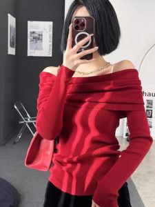 Red One-Shoulder Knitted Sweater Womens Slim Fit Autumn Winter High-End Feeling Personality Exposure Shoulder Top Korean Style