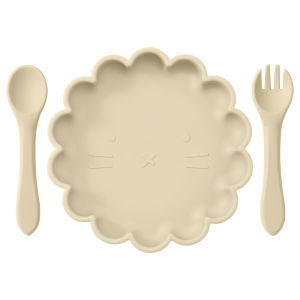 3PC Baby Silicone Tableware Set Cute Lion Shape Suction Plate Solid Color Spoon Fork Feeding Training Baby Dinner Set