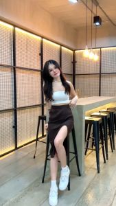 🌈MesubShop🌈กระโปรงผ่าข้างยาว ทรงรัดรูป ผ้าไหมพรมหนา 💥 แมตช์ง่าย รุ่น แพนเค้ก B-047-1-A