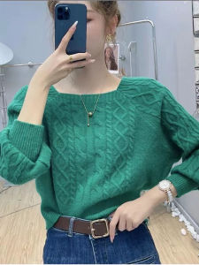 เสื้อสเวตเตอร์ถักคอเหลี่ยมแขนโคมไฟสไตล์เกาหลีสำหรับผู้หญิง ทรงหลวม ลำลอง หลวม กระชับสัดส่วน เสื้อถัก