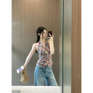 เสื้อกั๊กคอวีลายสก็อตสีแดงสไตล์ไทย ผู้หญิง หวานและเผ็ดร้อน ปมไม่สม่ำเสมอ ใส่กลางแจ้ง ฤดูร้อน ดopaamine เสื้อตัวบน