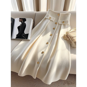WANGGONGZHU | Elegant White Knitted A-Line Mini Skirt Womens Spring Autumn High Waist Draped Age-Defying Korean Style Commute Fashion