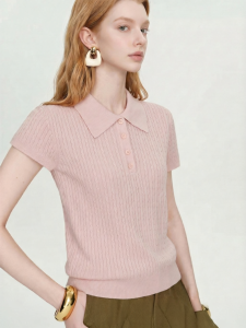 Korean Style Polo Collar Short Sleeve Striped Jacquard Knitwear