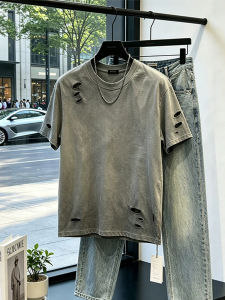 CHENMU | Retro American Washed Distressed Holes Short Sleeve T-Shirt