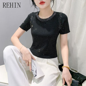 REHIN เสื้อยืดถักแขนสั้นผู้หญิงเสื้อรอบคอหลวมลายจุดเจาะหนัก