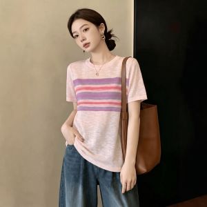 Colorful Stripes Short Sleeve Icy Silk Tshirt For Plus Size Slimming Stylish