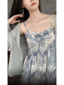 Plus Size Ladies Plus Size Womens Clothing Slim Looking High Waist Ruffles Sequins Print Chiffon Fat Sister Sling Dress Summer Dress