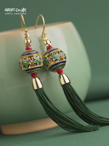 Tassel Earrings Womens Fashion Retro Court Style Green Lattice JingTaiBlue Mixed Material Ear Jewelry to Match Cheongsam