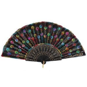 FASHION พัดลูกไม้ ปักด้วยเกล็ดกลิตเตอร์ พัดแต่งขอบลูกไม้สีดำ Lace Folding fan